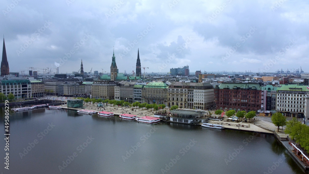 The beautiful city center of Hamburg with Alster River lake - aerial photography