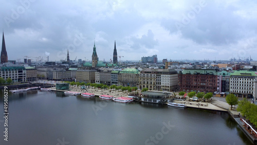 The beautiful city center of Hamburg with Alster River lake - aerial photography © 4kclips