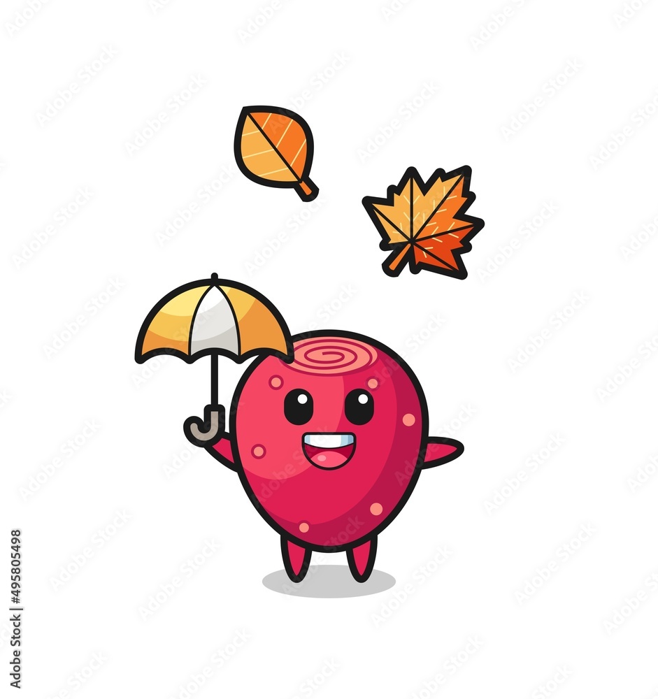 Naklejka premium cartoon of the cute prickly pear holding an umbrella in autumn
