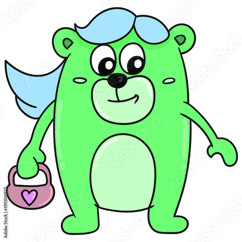 Vector illustration of a green creature ready to go shopping isolated on a white background