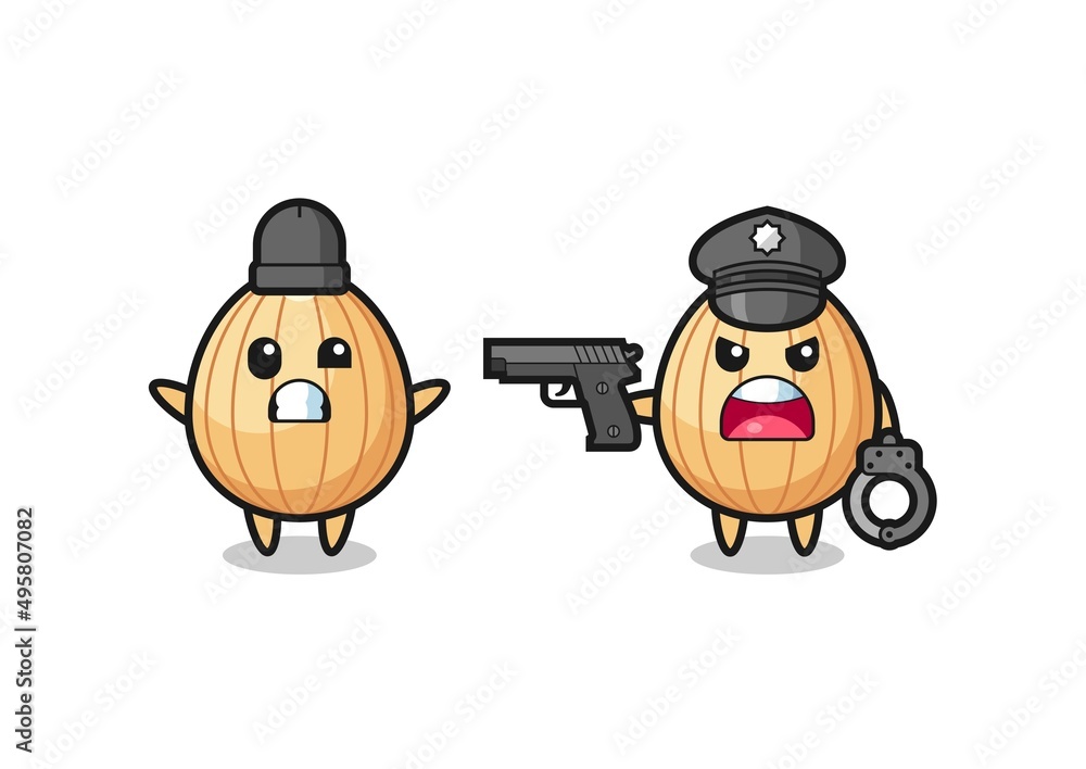 illustration of almond robber with hands up pose caught by police illustration of almond robber with hands up pose caught by police