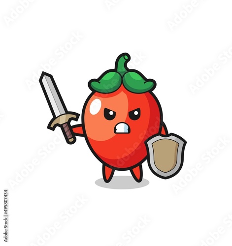 cute chili pepper soldier fighting with sword and shield