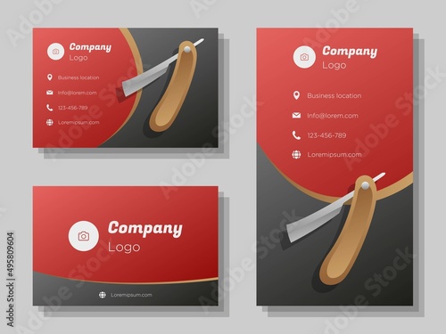 Haircutting store digital business card template, barbershop service corporate marketing advertisement, facial hair razor blade online invitation card, abstract flyer, creative banner design, isolated