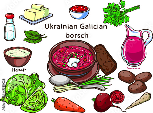 Ukrainian Galisian borsch vector ingredients set
