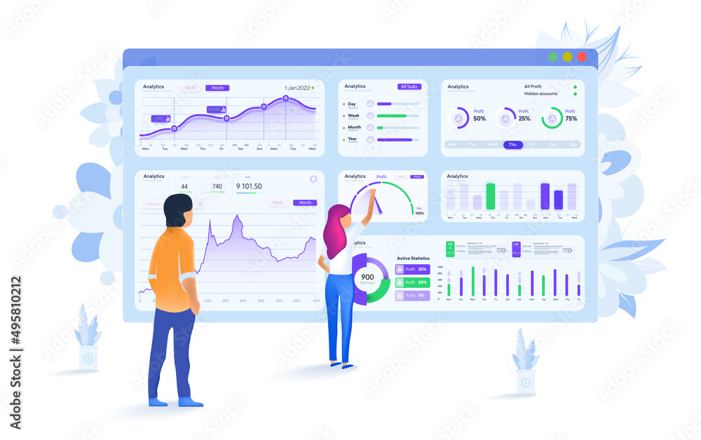 People study the dashboard and interact with the charts. Modern flat design, isometric data analysis concept for website and mobile website. The concept of digital data analysis. Analytics admin panel People study the dashboard and interact with the charts. Modern flat design, isometric data analysis concept for website and mobile website. The concept of digital data analysis. Analytics admin panel