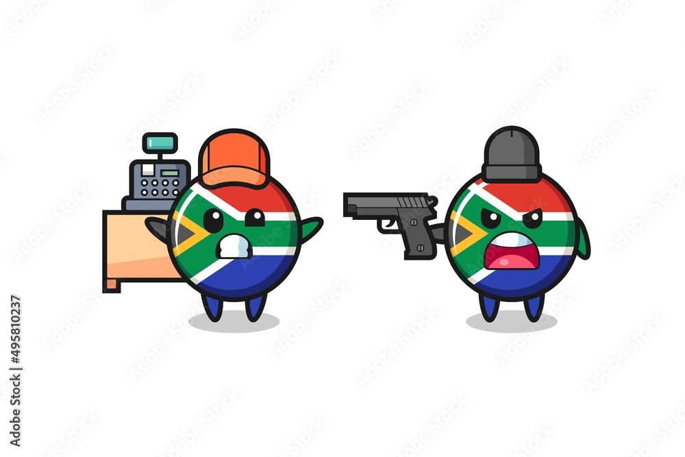 illustration of the cute south africa flag as a cashier is pointed a gun by a robber illustration of the cute south africa flag as a cashier is pointed a gun by a robber