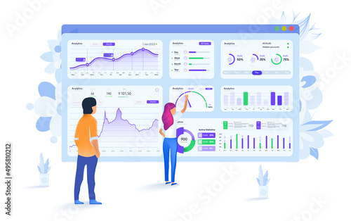 People study the dashboard and interact with the charts. Modern flat design, isometric data analysis concept for website and mobile website. The concept of digital data analysis. Analytics admin panel