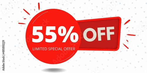 55  off limited special offer. Banner with fifty five percent discount on a red round ballon