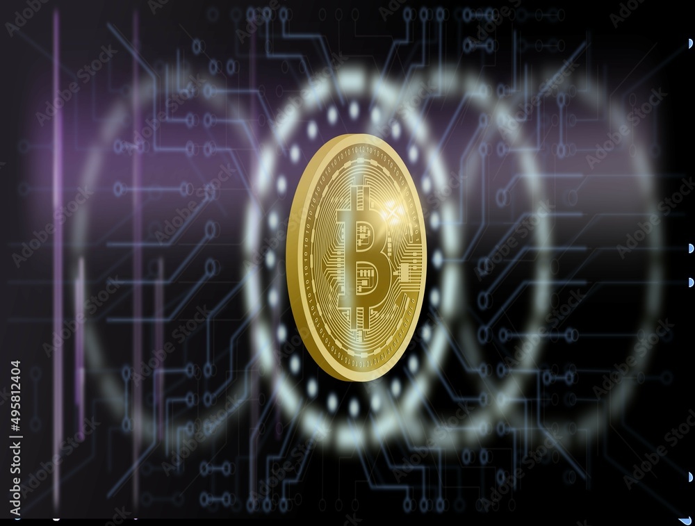 Digital image of golden coin with bitcoin symbol inside a bluish screen. Cryptocurrency mining vector illustration Digital image of golden coin with bitcoin symbol inside a bluish screen. Cryptocurrency mining vector illustration