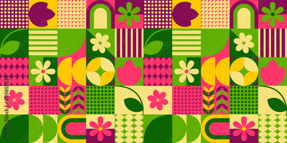 Wiosenna mozaika - abstrakcyjne geometryczne kształty z kwiatowym motywem. Ilustracja wektorowa. - obrazy, fototapety, plakaty 