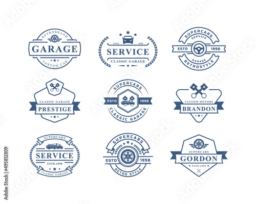 Set of Vintage Retro Badge Car Logo Emblem. Classic Cars Repairs, Tire Service Silhouettes