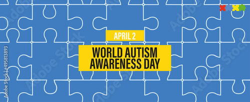 Banner por el Día de Autismo del dos de abril con rompecabeza, concepto de salud y autismo.