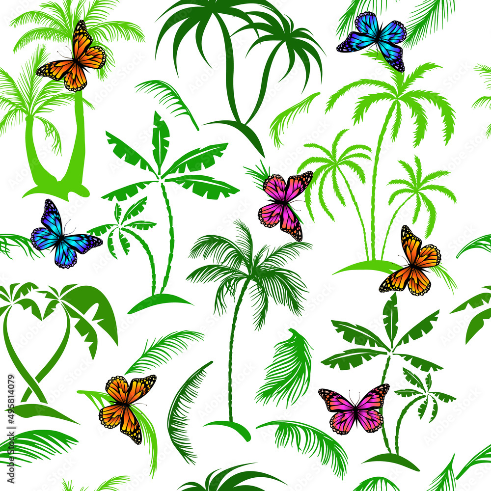 Vector seamless tropical pattern with palm and with butterflies tree on white background. Vector floral illustration for textile, print, wallpapers Vector seamless tropical pattern with palm and with butterflies tree on white background. Vector floral illustration for textile, print, wallpapers