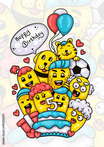 family and friends wishing happy fifth birthday to the little boy hand drawn doodle artwork