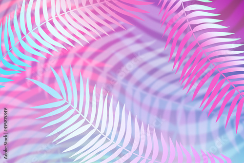 Palm tree leaves. Neon tropical background. 