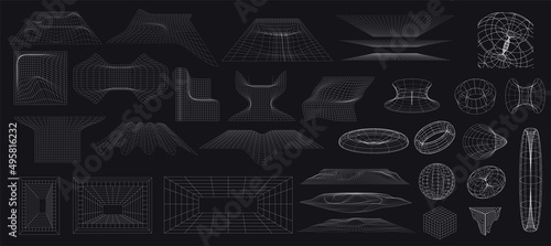 Geometric shapes. Abstract net structure deformation, flowing surface. Memphis design, retro elements for web, vintage, advertisement, commercial banner, poster. Micro geom - Geometric Shapes. Vector