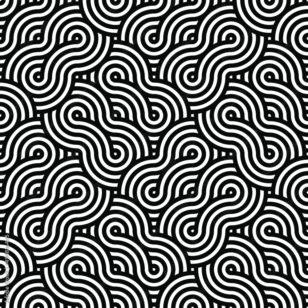 geometric seamless background with a pattern consisting of a sequence of overlapping waves, circles and squares of different warm colors. A recurring geometric theme.