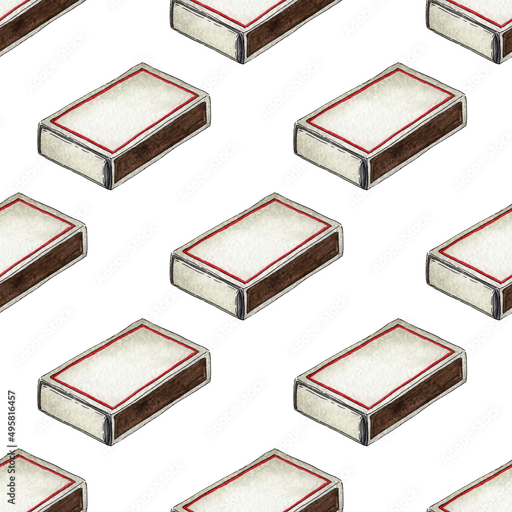 Watercolor illustration of a pattern of matchboxes full of red matches. Get the flame. Light the fire. Burnt wooden stick. Hand drawn doodles. Isolated on white background. Drawn by hand. Watercolor illustration of a pattern of matchboxes full of red matches. Get the flame. Light the fire. Burnt wooden stick. Hand drawn doodles. Isolated on white background. Drawn by hand.