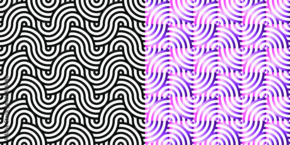 geometric seamless background with a pattern consisting of a sequence of overlapping waves, circles and squares of different warm colors. A recurring geometric theme.