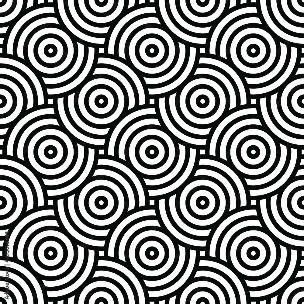 Black and white intersecting repeating circles of the template. Japanese style circles seamless background Black and white intersecting repeating circles of the template. Japanese style circles seamless background