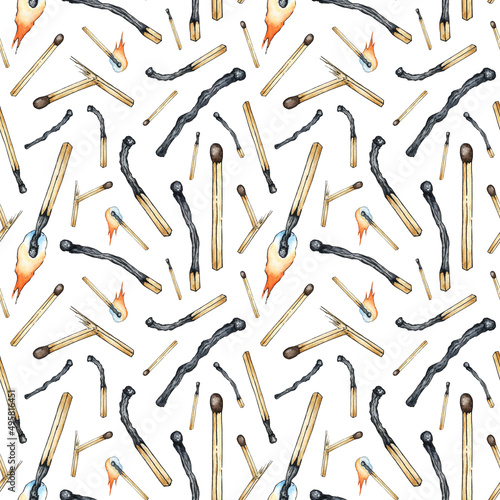 Watercolor illustration of matchstick pattern. Get the flame. Light the fire. Burnt wooden stick. Hand drawn doodles. Isolated on white background. Drawn by hand.