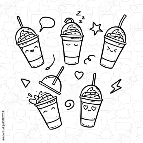 hand drawn doodle cute cup of milkshake smoothies drink illustration cartoon mascot