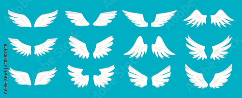 Angel wing white flat set. Different wings shapes. Freedom tattoo symbol. Bird flight sign emblem sticker. Vintage badge heraldic tribal simple contour for logo