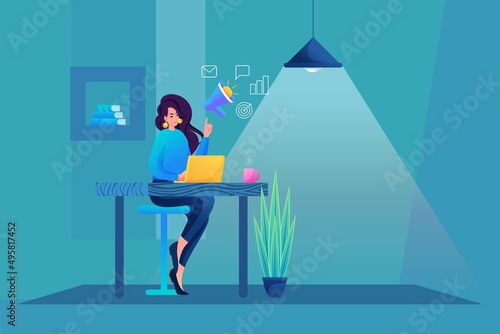 Young Girl is Sitting on a Chair at the Table. Marketing Department. Marketer at Work. Concept of web design
