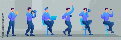 Collection of Teenagers in modern casual clothes. Variants of the movements. Photographer. Young Specialist is Sitting on a Chair, Drinking Coffee, Talking on the Phone, Drawing on a Tablet