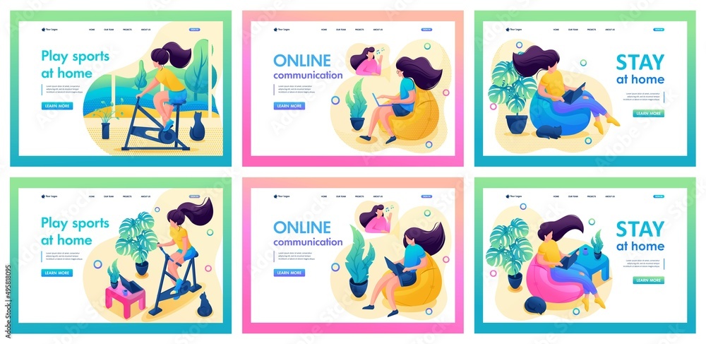 Set of landing pages about self-isolation. Isometric 3D and 2D illustrations. Girl works from home, communicates with friends online, works out on the simulator