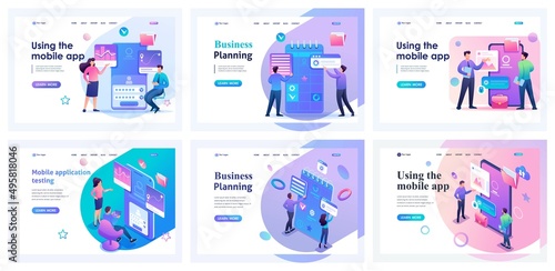 Set of landing pages about testing mobile applications. Isometric 3D and 2D illustrations. Programmers, developers of mobile applications