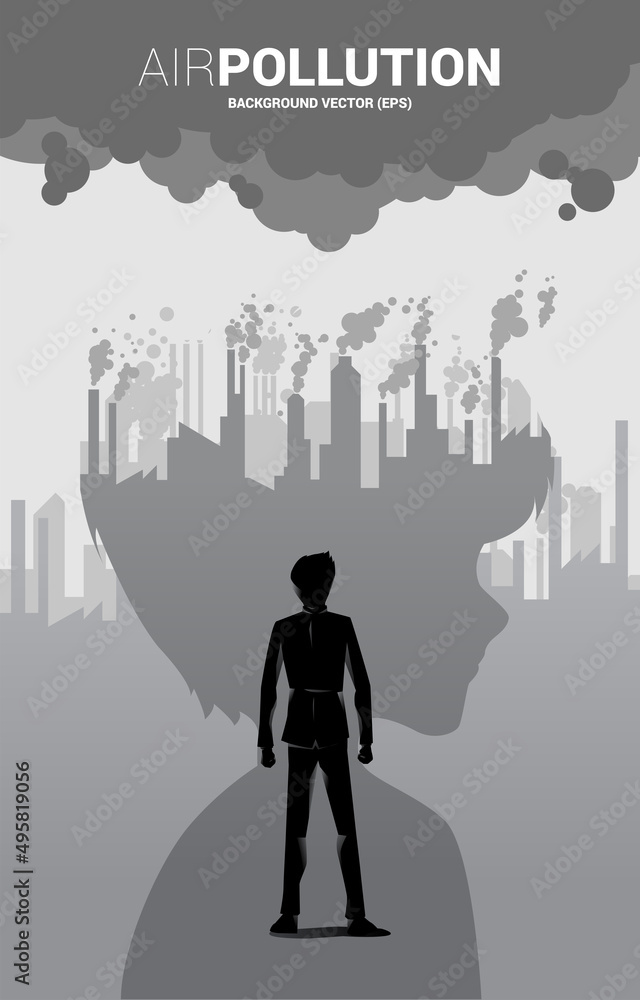 Obraz premium Businessman and Silhouette boy head with mask and smoke from city and factory. Concept for Air pollution and environment crisis.