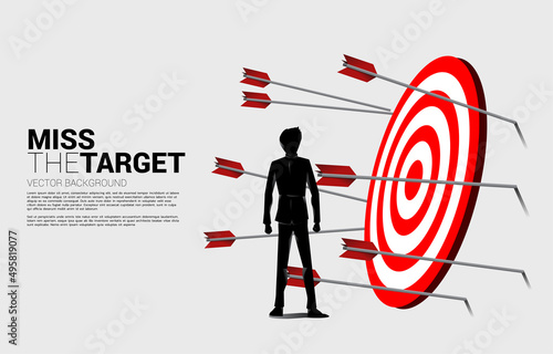 businessman and multiple arrow archery missing target. Business Concept of marketing target and customer.Company vision mission and goal.