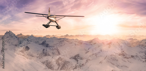 Aerial Panoramic View of Canadian Rocky Mountain Landscape with Seaplane Flying. 3d Rendering Airplane. Background Image near Vancouver, British Columbia, Canada. Sunset