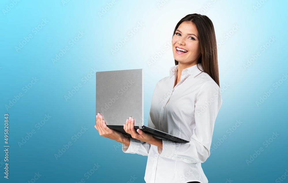 Photo of young girl happy positive smile work laptop programmer on background Photo of young girl happy positive smile work laptop programmer on background
