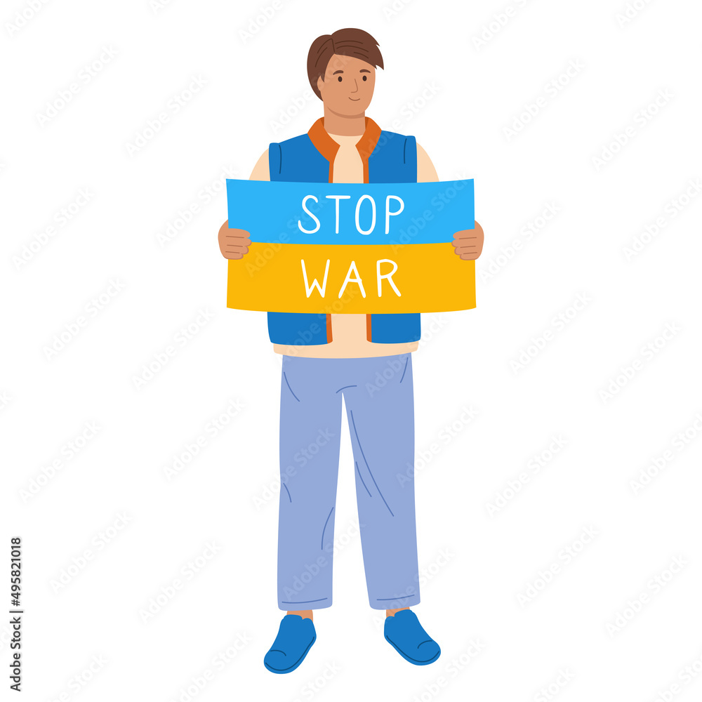 Stop war in Ukraine rally. Young men hold banner or poster no war. Protest, parade against warfare. Human character take part political meeting. Flat design social illustration