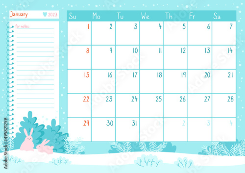 January calendar template organizer 2023 year with bunny. Event planner diary page memory for scrapbook. Paper sticky trendy calendar and notebook for notes. Graphic notepad, cozy memo planning vector