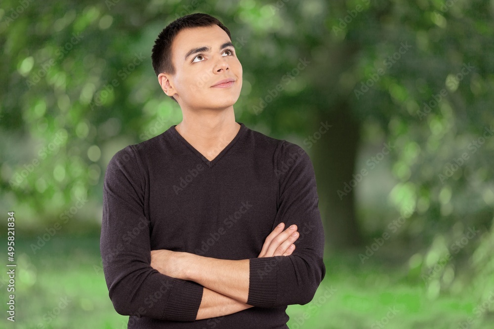 Relaxed man in blue t-shirt fresh air outdoors Relaxed man in blue t-shirt fresh air outdoors