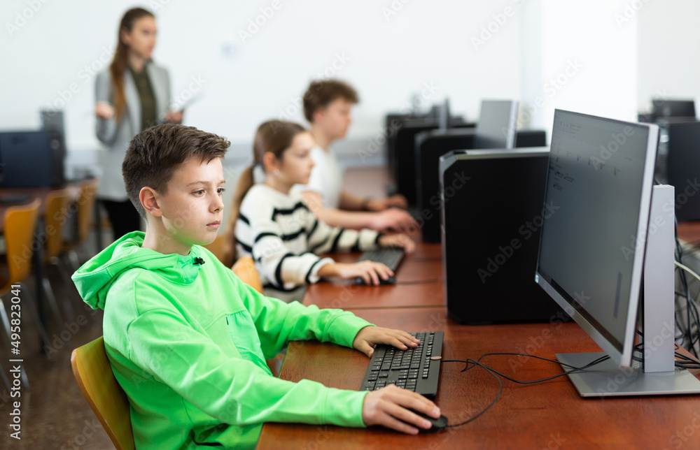 Portrait of interested preteen schoolboy during lesson in computer class ..