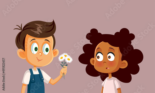 Surprised Girl Receiving Flowers Vector Cartoon Illustration
