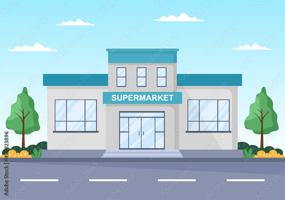 Supermarket Building with Shelves, Grocery Items and Full Shopping Cart, Retail, Products and Consumers in Flat Cartoon Background Illustration