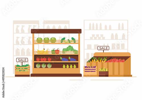 Fototapeta Naklejka Na Ścianę i Meble -  Supermarket with Shelves, Grocery Items and Full Shopping Cart, Retail, Products and Consumers in Flat Cartoon Background Illustration