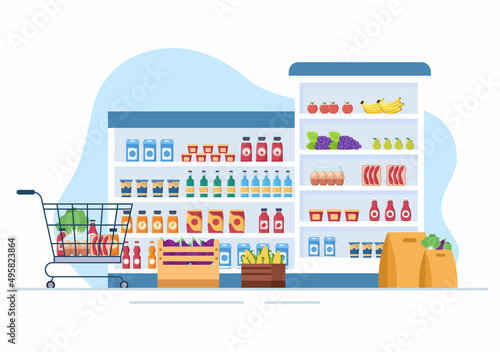 Fototapeta Naklejka Na Ścianę i Meble -  Supermarket with Shelves, Grocery Items and Full Shopping Cart, Retail, Products and Consumers in Flat Cartoon Background Illustration