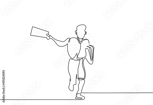a boy running down the street in old vintage times distributing newspapers, selling and giving information