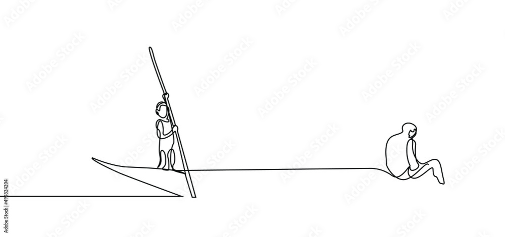 Fototapeta premium A villager family is out in a canoe to go fishing. little boy uses paddle to propel canoe boat