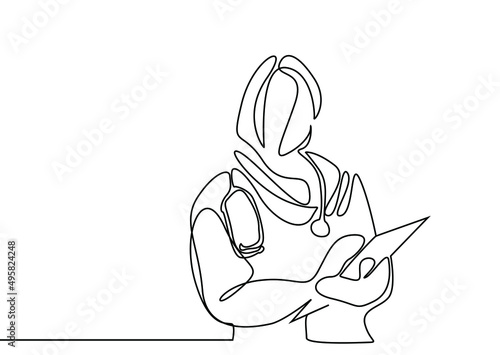muslim female doctor or nurse in a hijab taking notes portrait style design