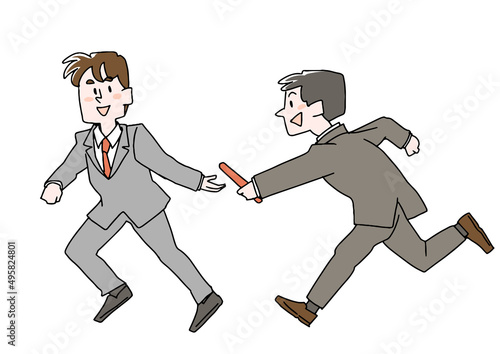 バトンを渡す若いビジネスマン　コミカルな手書きの人物　ベクター、線画にカラー