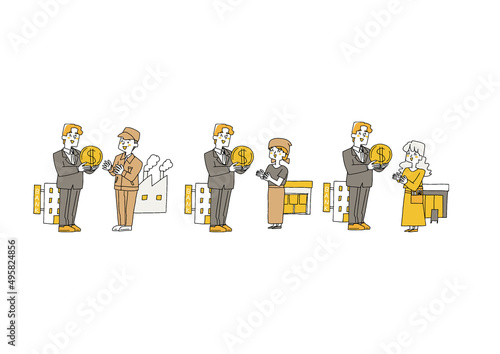 銀行から融資を受ける人々のセット　コミカルな手書きの人物　ベクター、線画にカラー