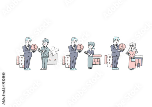 銀行から融資を受ける人々のセット　コミカルな手書きの人物　ベクター、線画にカラー