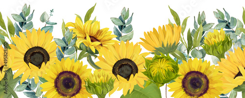 Fototapeta Naklejka Na Ścianę i Meble -  Seamless border with sunflowers, eucalyptus. Hand drawn watercolor images